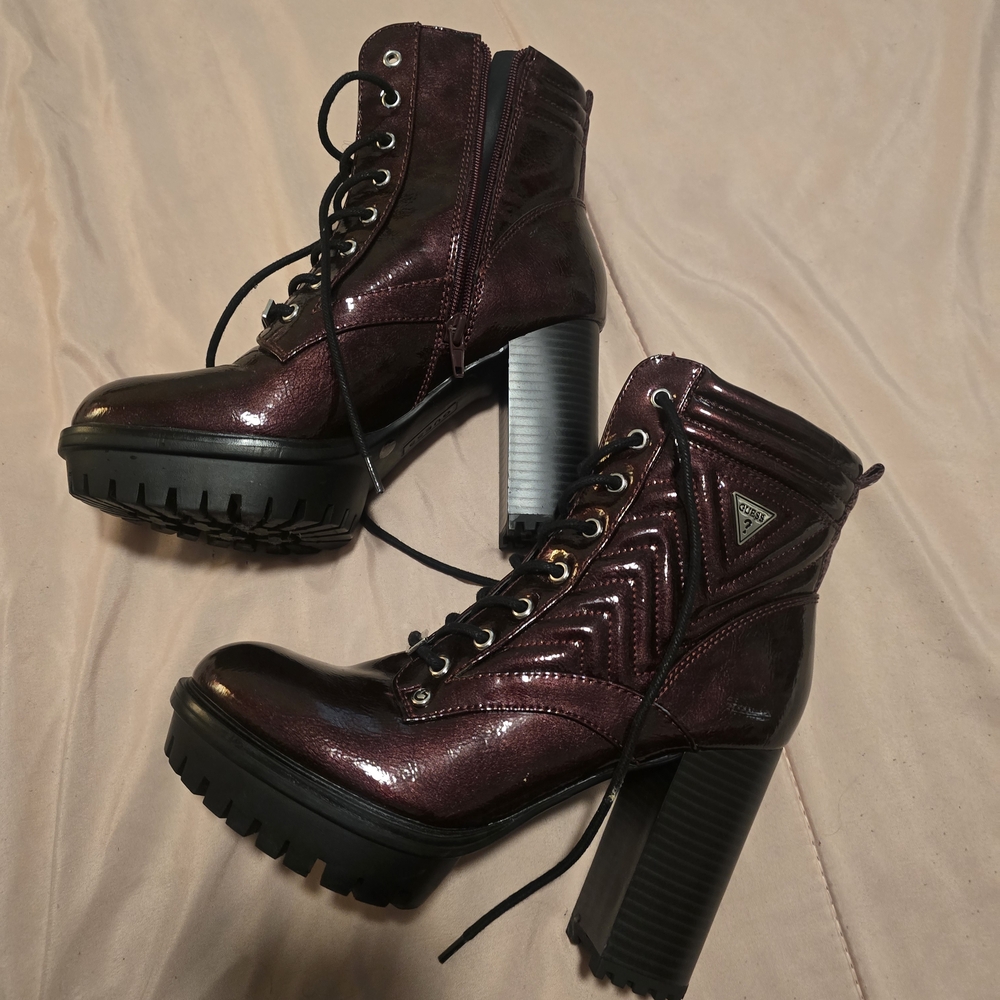 Guess Women's Shiny Burgundy Lace-Up Boots